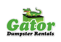 Gator Dumpster Rentals logo with green gator mascot and bold yellow and navy lettering